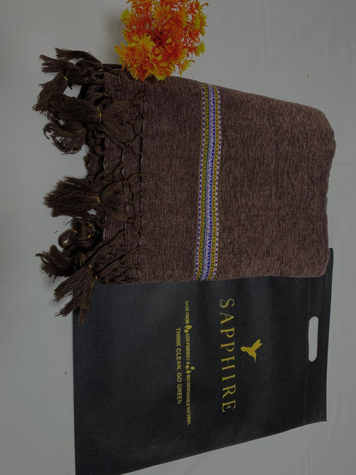 Winter Velvet Shawl Brown Embroidered Tassel