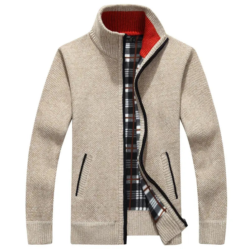 Men Beige Fleece Lined Knit Jacket 4XL