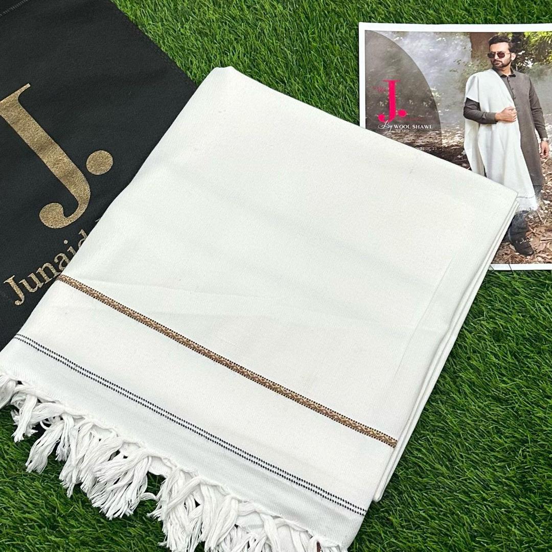 Premium White Wool Shawl with Brown Black Trim