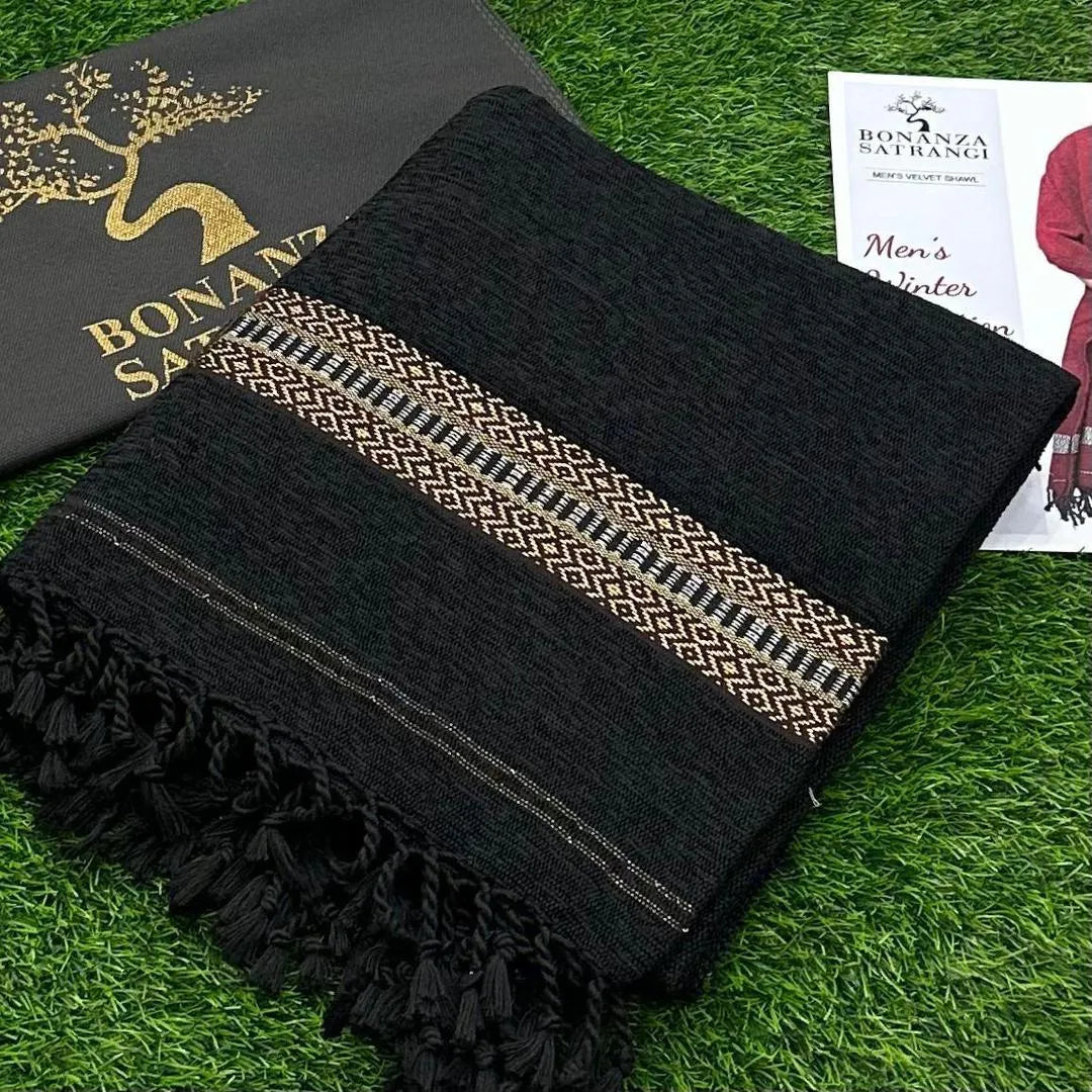 Men Velvet Shawl Black Geometric Pattern 3 Yard